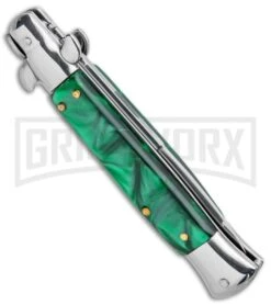 Milano 9" Italian Stiletto Green Swirl Automatic Knife - Bayonet Satin -Best Knife Shop Milano 9in Italian Stiletto Green Swirl Auto Bayo GSE019MGRN GX 33524 jr side large