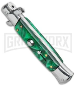 Milano 9" Italian Stiletto Green Swirl Automatic Knife - Bayonet Satin -Best Knife Shop Milano 9in Italian Stiletto Green Swirl Auto Bayo GSE019MGRN GX 33524 jr spine large