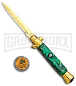 Milano 9" Italian Stiletto Green Swirl Automatic Knife - Bayonet Gold 11 Milano 9" Italian Stiletto Green Swirl Automatic Knife - Bayonet Gold -Best Knife Shop Milano 9in Italian Stiletto Green Swirl Auto Bayo Gold GSE019GDMGRN GX 33523 jr bottlecap large