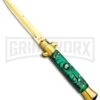 Milano 9" Italian Stiletto Green Swirl Automatic Knife - Bayonet Gold -Best Knife Shop Milano 9in Italian Stiletto Green Swirl Auto Bayo Gold GSE019GDMGRN GX 33523 jr large