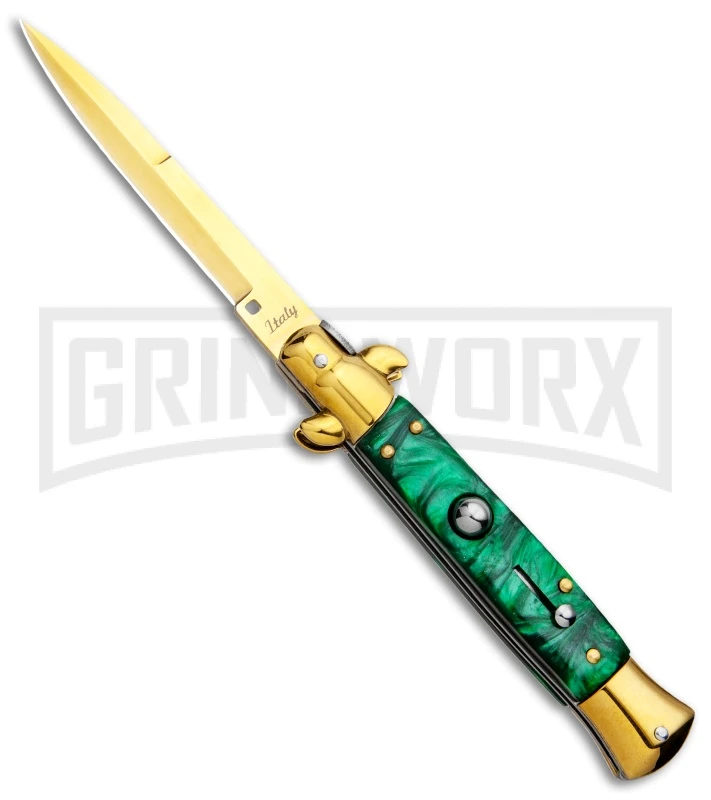 Milano 9" Italian Stiletto Green Swirl Automatic Knife - Bayonet Gold 3 Milano 9" Italian Stiletto Green Swirl Automatic Knife - Bayonet Gold
