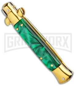 Milano 9" Italian Stiletto Green Swirl Automatic Knife - Bayonet Gold 9 Milano 9" Italian Stiletto Green Swirl Automatic Knife - Bayonet Gold -Best Knife Shop Milano 9in Italian Stiletto Green Swirl Auto Bayo Gold GSE019GDMGRN GX 33523 jr side large