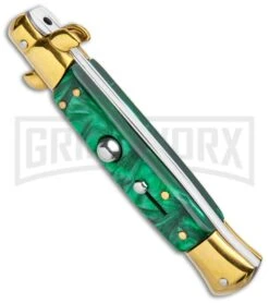 Milano 9" Italian Stiletto Green Swirl Automatic Knife - Bayonet Gold 8 Milano 9" Italian Stiletto Green Swirl Automatic Knife - Bayonet Gold -Best Knife Shop Milano 9in Italian Stiletto Green Swirl Auto Bayo Gold GSE019GDMGRN GX 33523 jr spine large