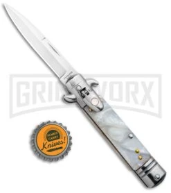 Milano 7.5" Lever Lock Automatic Knife White Marble - Bayonet Satin -Best Knife Shop Milano LL Auto White Marble Bayo Satin GSE020MWT GX 33522 jr bottlecap large