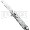 Milano 7.5" Lever Lock Automatic Knife White Marble - Bayonet Satin -Best Knife Shop Milano LL Auto White Marble Bayo Satin GSE020MWT GX 33522 jr large