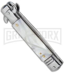 Milano 7.5" Lever Lock Automatic Knife White Marble - Bayonet Satin -Best Knife Shop Milano LL Auto White Marble Bayo Satin GSE020MWT GX 33522 jr side large