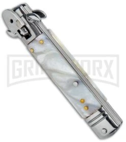 Milano 7.5" Lever Lock Automatic Knife White Marble - Bayonet Satin -Best Knife Shop Milano LL Auto White Marble Bayo Satin GSE020MWT GX 33522 jr spine large