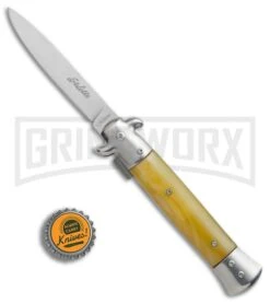 Milano Classic Yellow Stiletto-Style Spring Assisted Knife - Satin Flat -Best Knife Shop Milano Yellow Stiletto style satin flat BP 20189 er size large