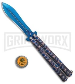 Chalkhill Balisong Butterfly Knife - Blue Spear Point Pattern Handles -Best Knife Shop Patterned Balisong Spear Point Butterfly Knife Blue Finish GX 37654 td size large