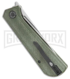 Petrified Fish Viking Green Micarta Liner Lock Knife - Satin Plain -Best Knife Shop Petrified Fish Viking Liner Lock Knife Green Micarta Satin PFP07GRMS BHQ 182274 side kc large