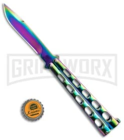 Monarch Integral Black Balisong Butterfly Knife - Spectrum Plain -Best Knife Shop Rainbow Balisong Butterfly Knife GX 37611 td size large