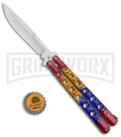 Red/Yellow/Blue Balisong Butterfly Knife (4.25" Satin) -Best Knife Shop Red Yellow Blue Balisong Butterfly Satin GX 37519 jr bottlecap large