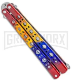 Red/Yellow/Blue Balisong Butterfly Knife (4.25" Satin) -Best Knife Shop Red Yellow Blue Balisong Butterfly Satin GX 37519 jr side large