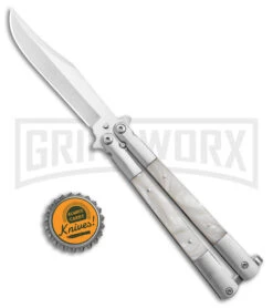 Regal Flipper White Swirl Balisong Butterfly Knife - Satin Plain -Best Knife Shop Regal Flipper White Swirl Balisong Butterfly Satin BHQ 177230 jr bottlecap large