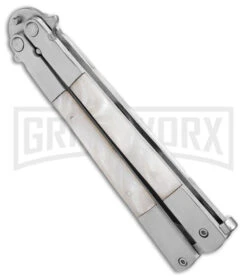 Regal Flipper White Swirl Balisong Butterfly Knife - Satin Plain -Best Knife Shop Regal Flipper White Swirl Balisong Butterfly Satin BHQ 177230 jr side large
