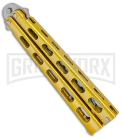 Ronin Gear Yellow Balisong Trainer Butterfly Knife - Satin Plain -Best Knife Shop Ronin Gear Gold Balisong Trainer Butterfly Satin GX 37366 jr side large