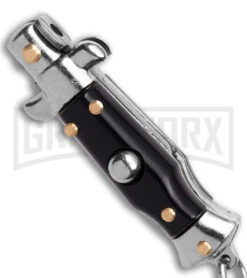 SKM 2.75" Italian Stilletto Keychain Black Automatic Knife -Best Knife Shop SKM 2in Keychain Stiletto AK Black 1in Satin Flat BHQ 51045 td spine large