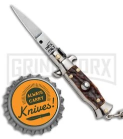 SKM 4" Italian Stiletto Keychain Stag Automatic Knife - Satin Plain -Best Knife Shop SKM 4in Italian Stiletto Keychain Stag Auto Satin Plain GX 36961 jr bottlecap large