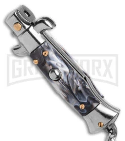 SKM 4" Italian Stiletto Gray Acrylic Automatic Knife Keychain - Bayo -Best Knife Shop SKM 4in Keycahin Stiletto AK Knife Gray Acrylic 1in Satin BAYO BHQ 183373 td sipine large