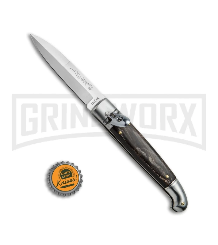SKM 8" Fancy Lever Lock Dark Horn Automatic Knife - Satin Bayonet 6 SKM 8" Fancy Lever Lock Dark Horn Automatic Knife - Satin Bayonet - Image 4