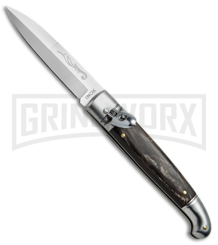 SKM 8" Fancy Lever Lock Dark Horn Automatic Knife - Satin Bayonet 3 SKM 8" Fancy Lever Lock Dark Horn Automatic Knife - Satin Bayonet