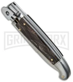 SKM 8" Fancy Lever Lock Dark Horn Automatic Knife - Satin Bayonet 7 SKM 8" Fancy Lever Lock Dark Horn Automatic Knife - Satin Bayonet -Best Knife Shop SKM 8in LL Stamina Dark Horn Bayo BP 19453 jr spine large