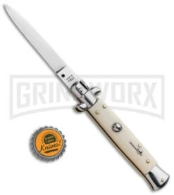 SKM 9" Italian Stiletto Simulated Ivory Automatic Knife - Flat Satin Plain -Best Knife Shop SKM 9in Stiletto Auto Sim Ivory Satin Flat BHQ 92043 jr bottlecap large