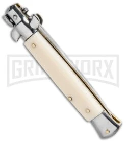 SKM 9" Italian Stiletto Simulated Ivory Automatic Knife - Flat Satin Plain -Best Knife Shop SKM 9in Stiletto Auto Sim Ivory Satin Flat BHQ 92043 jr side large