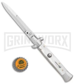 SKM 9" Italian Stiletto White Pearlex Automatic Knife - Satin Bayonet -Best Knife Shop SKM AB 9in Italian Stiletto Auto White Pearlex Satin Bayonet BHQ 51164 er bottlecap large