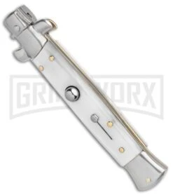 SKM 9" Italian Stiletto White Pearlex Automatic Knife - Satin Bayonet -Best Knife Shop SKM AB 9in Italian Stiletto Auto White Pearlex Satin Bayonet BHQ 51164 er spine large