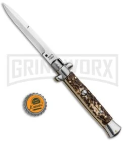 SKM AB 9" Italian Stiletto Stag Automatic Knife - Bayo Satin Plain -Best Knife Shop SKM AB 9in Stag Bayonet BHQ 74901 jr bottlecap large