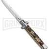 SKM AB 9" Italian Stiletto Stag Automatic Knife - Bayo Satin Plain -Best Knife Shop SKM AB 9in Stag Bayonet BHQ 74901 jr large