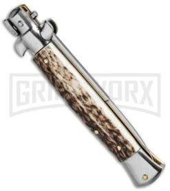 SKM AB 9" Italian Stiletto Stag Automatic Knife - Bayo Satin Plain -Best Knife Shop SKM AB 9in Stag Bayonet BHQ 74901 jr side large