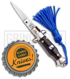 Italian Stiletto Black Automatic Knife Blue Keychain - Flat Grind -Best Knife Shop SKM Italian Stiletto Keychain Auto Black Blue Satin BHQ 102944 jr bottlecap large