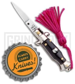 Italian Stiletto Black Automatic Knife Pink Keychain - Flat Grind -Best Knife Shop SKM Italian Stiletto Keychain Auto Black Pink Satin BHQ 102936 jr bottlecap large