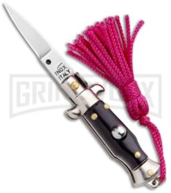Italian Stiletto Black Automatic Knife Pink Keychain - Flat Grind