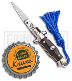 Italian Stiletto Brown Automatic Knife Blue Keychain - Flat Grind -Best Knife Shop SKM Italian Stiletto Keychain Auto Brown Blue Satin BHQ 102945 jr bottlecap large