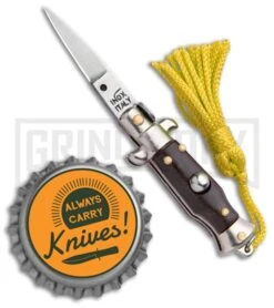 Italian Stiletto Brown Automatic Knife Yellow Keychain - Flat Grind -Best Knife Shop SKM Italian Stiletto Keychain Auto Brown Yellow Satin BHQ 102941 jr bottlecap large