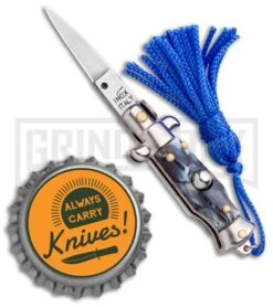 Italian Stiletto Gray Marble Automatic Knife Blue Keychain - Flat Grind -Best Knife Shop SKM Italian Stiletto Keychain Auto Marble Blue Satin BHQ 102947 jr bottlecap large