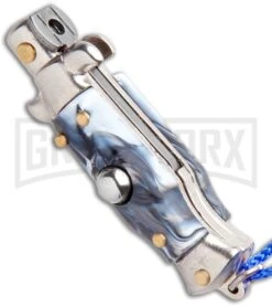 Italian Stiletto Gray Marble Automatic Knife Blue Keychain - Flat Grind -Best Knife Shop SKM Italian Stiletto Keychain Auto Marble Blue Satin BHQ 102947 jr spine large