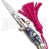Italian Stiletto Gray Marble Automatic Knife Pink Keychain - Flat Grind -Best Knife Shop SKM Italian Stiletto Keychain Auto Marble Pink Satin BHQ 102938 jr large
