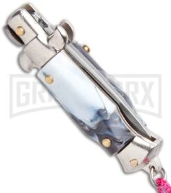 Italian Stiletto Gray Marble Automatic Knife Pink Keychain - Flat Grind 8 Italian Stiletto Gray Marble Automatic Knife Pink Keychain - Flat Grind -Best Knife Shop SKM Italian Stiletto Keychain Auto Marble Pink Satin BHQ 102938 jr side large