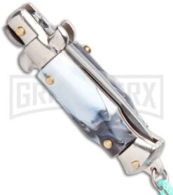 Italian Stiletto Gray Marble Automatic Knife Teal Keychain - Flat Grind -Best Knife Shop SKM Italian Stiletto Keychain Auto Marble Teal Satin BHQ 102943 jr side large