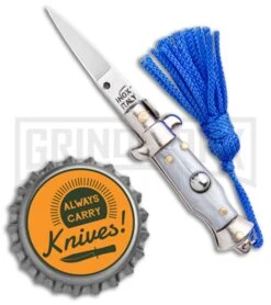 Italian Stiletto Gray Automatic Knife Blue Keychain - Flat Grind -Best Knife Shop SKM Italian Stiletto Keychain Auto Silver Blue Satin BHQ 102946 jr bottlecap large