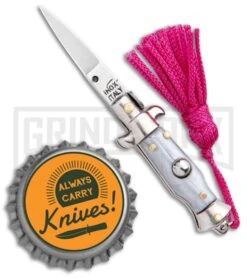 SKM Italian Stiletto Gray Automatic Knife Pink Keychain - Flat Grind -Best Knife Shop SKM Italian Stiletto Keychain Auto Silver Pink Satin BHQ 102939 jr bottlecap large