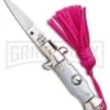 SKM Italian Stiletto Gray Automatic Knife Pink Keychain - Flat Grind -Best Knife Shop SKM Italian Stiletto Keychain Auto Silver Pink Satin BHQ 102939 jr large