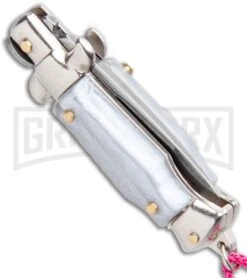 SKM Italian Stiletto Gray Automatic Knife Pink Keychain - Flat Grind -Best Knife Shop SKM Italian Stiletto Keychain Auto Silver Pink Satin BHQ 102939 jr side large