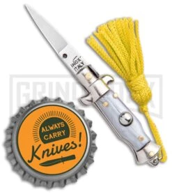 Italian Stiletto Gray Automatic Knife Yellow Keychain - Flat Grind -Best Knife Shop SKM Italian Stiletto Keychain Auto Silver Yellow Satin BHQ 102940 jr bottlecap large