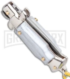 Italian Stiletto Gray Automatic Knife Yellow Keychain - Flat Grind -Best Knife Shop SKM Italian Stiletto Keychain Auto Silver Yellow Satin BHQ 102940 jr side large