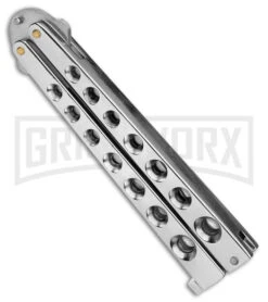 Scoundrel Balisong Silver Butterfly Knife - Satin Plain -Best Knife Shop Scoundrel Balisong Silver Butterfly Knife Satin GX 39635 td side large